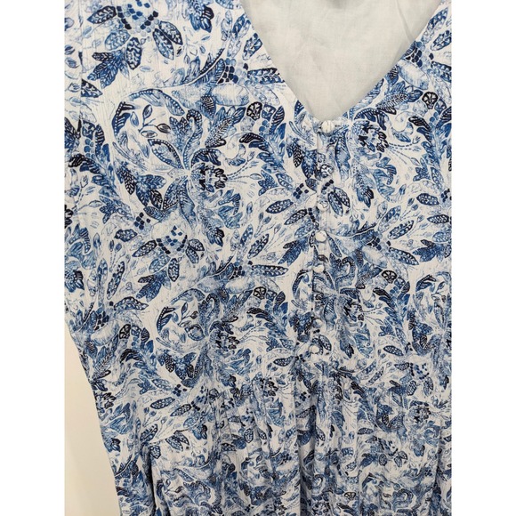 Garnet Hill Midi Dress Womens Large Blue Floral Tiered V Neck Gauzy Oversized - Picture 2 of 9